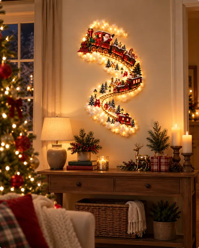 Santa Train Light above a console table